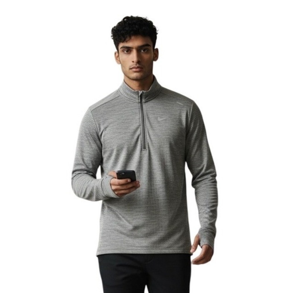 Nike Running Mens Quarter Zip Pullover Grey Space Dye Waffle Fleece L CU6073-068